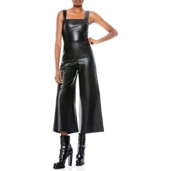 Alice + Olivia Avelina Black Vegan Leather Wide Leg Jumpsuit Size 2 - Picture 4 of 8